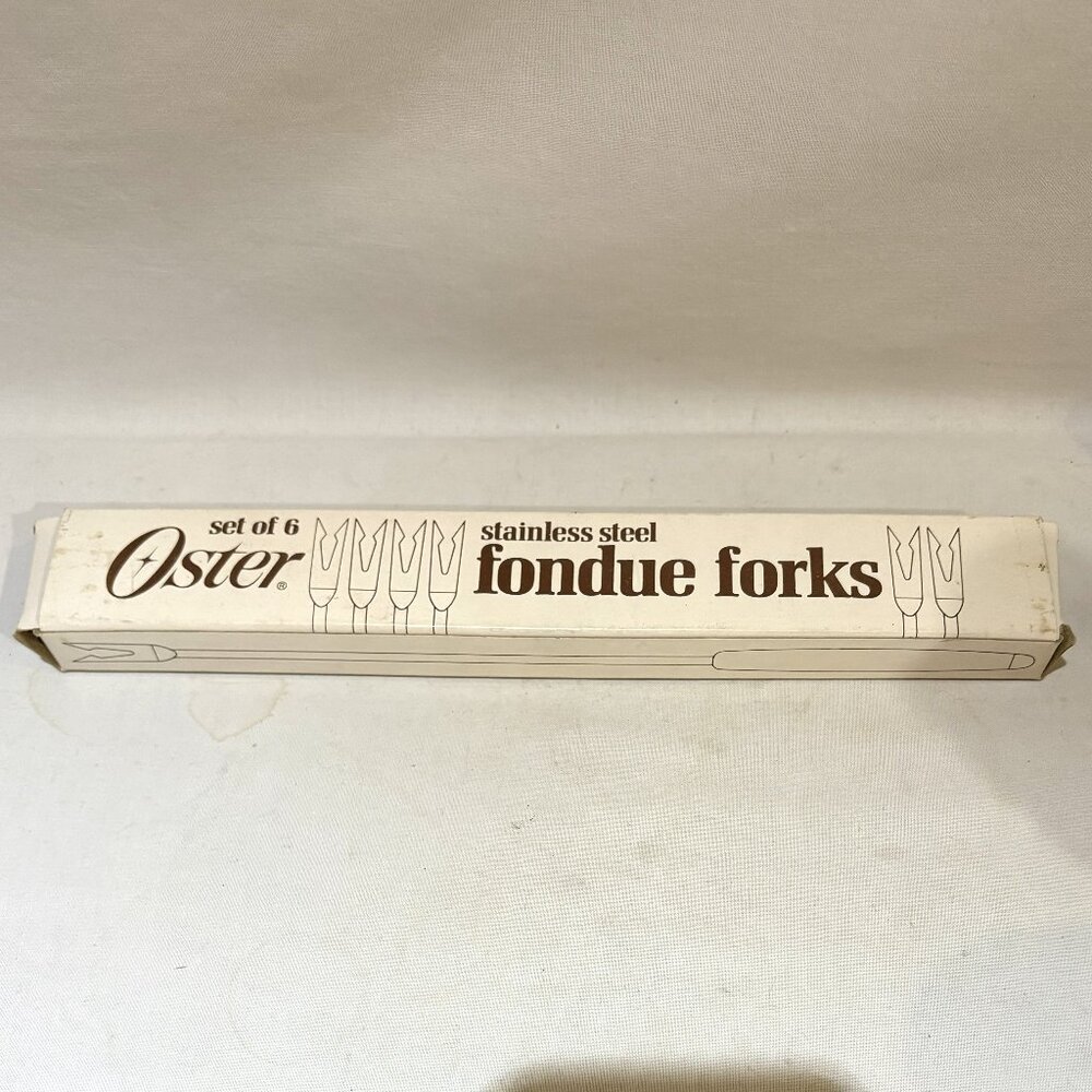Set of 6 Oster Stainless Steel Fondue Forks Wooden Handle New in Box VTG MCM NOS
